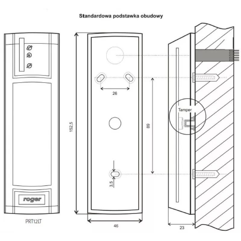 ROGER PRT12LT-BK Proximity Reader, RFID 125 kHz, RS485/Wiegand/DALLAS, IP67, juoda