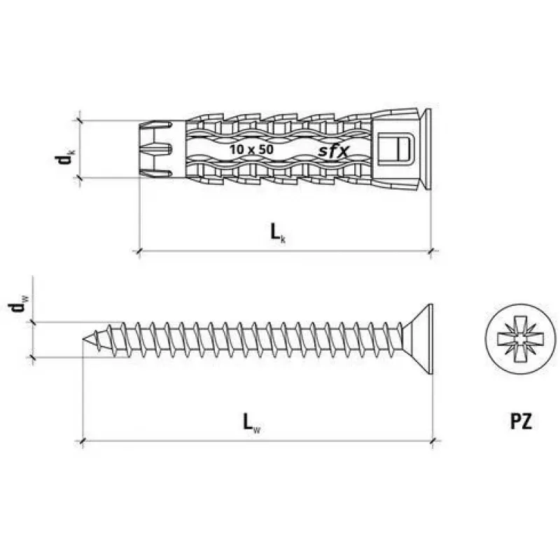 WKRĘT-MET Universal Wall Plug 10x60/70, Countersunk Screw, Cardboard Box (SFXP-10060070 x 50 vnt.)