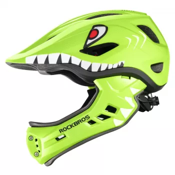 ROCKBROS TT-32004 Shark vaikiškas dviračio šalmas su nuimamu smakro apsaugu, dydis M (54-58 cm), žalias
