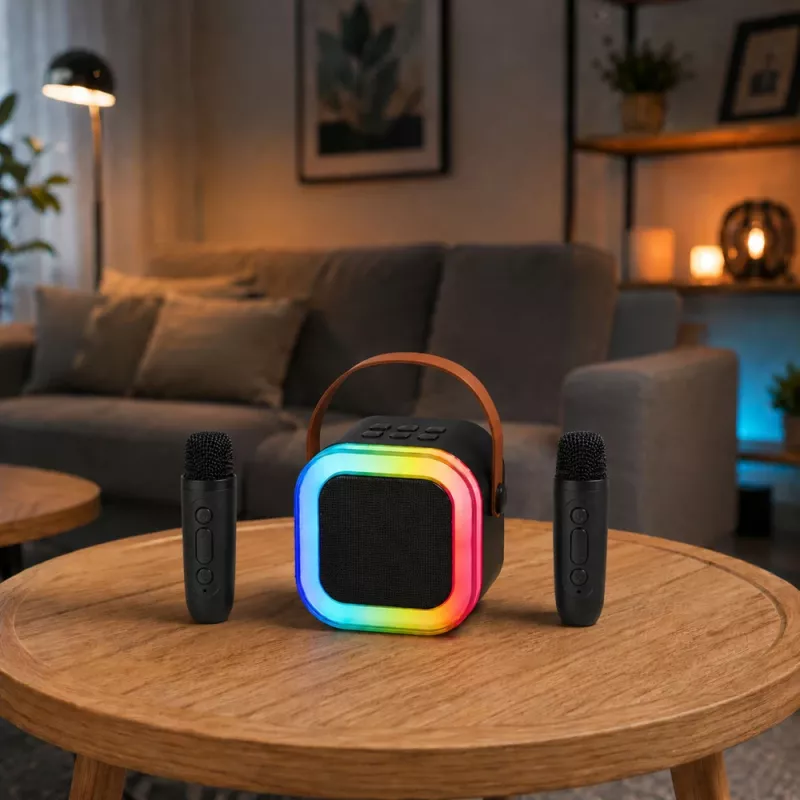 LEAN Karaoke rinkinys su Bluetooth garsiakalbiu, dviem mikrofonais ir LED lemputėmis, juodas