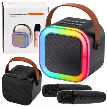 LEAN Karaoke rinkinys su Bluetooth garsiakalbiu, dviem mikrofonais ir LED lemputėmis, juodas
