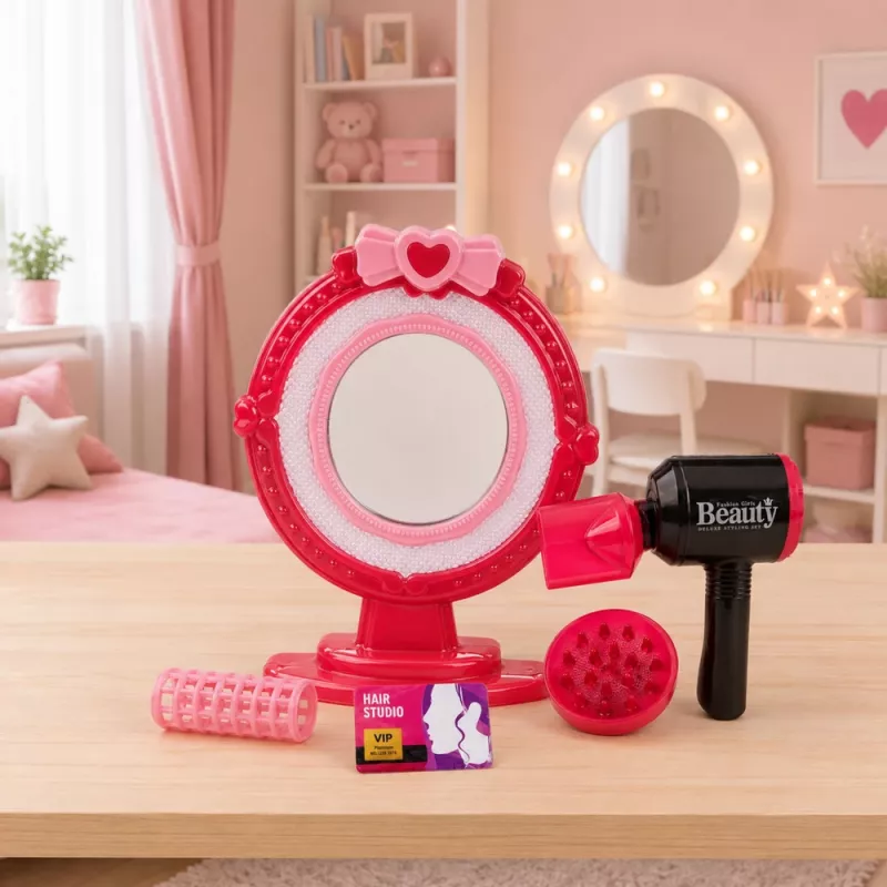 LEAN TOYS Plaukų formavimo rinkinys su plaukų džiovintuvu, veidrodžiu, šviesomis, garsais ir aksesuarais