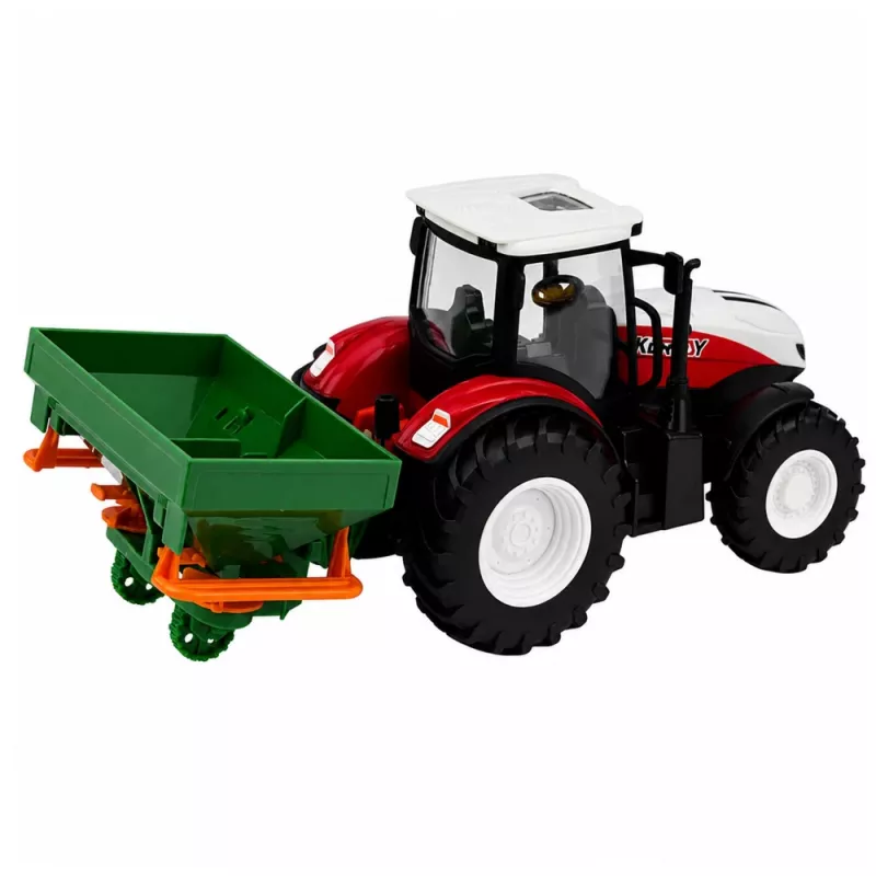 LEAN TOYS RC nuotoliniu valdymu žemės ūkio traktorius su sėjamąja, šviesomis, raudonas, 1:24