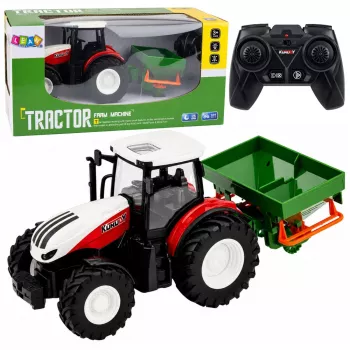LEAN TOYS RC nuotoliniu valdymu žemės ūkio traktorius su sėjamąja, šviesomis, raudonas, 1:24