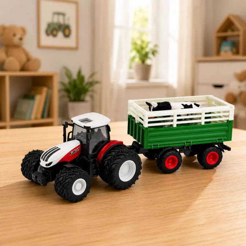LEAN TOYS nuotoliniu valdymu valdomas ūkinis traktorius su priekaba ir karvės figūrėle 1:24