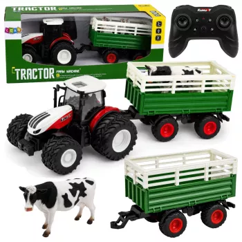 LEAN TOYS nuotoliniu valdymu valdomas ūkinis traktorius su priekaba ir karvės figūrėle 1:24