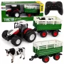 LEAN TOYS nuotoliniu valdymu valdomas ūkinis traktorius su priekaba ir karvės figūrėle 1:24