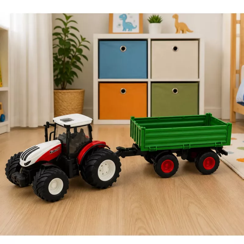 LEAN TOYS nuotoliniu valdymu ūkio traktorius su savivarčio priekaba, šviesomis, garsu 1:24