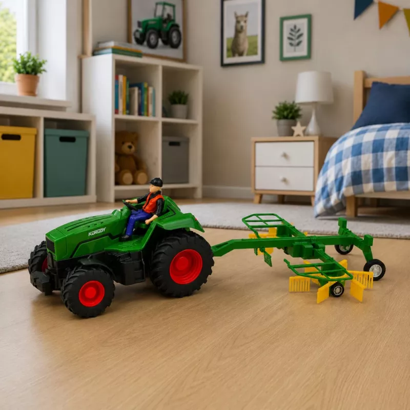 LEAN TOYS nuotoliniu valdymu valdomas ūkio traktorius su šieno grėbliu ir RC žibintais 1:24