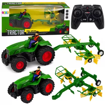 LEAN TOYS nuotoliniu valdymu valdomas ūkio traktorius su šieno grėbliu ir RC žibintais 1:24