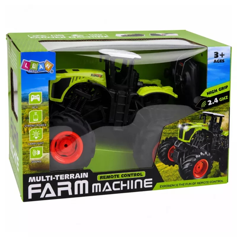 LEAN TOYS Tall nuotoliniu valdymu valdomas ūkio traktorius su žaliomis šviesomis ir garsais 1:16