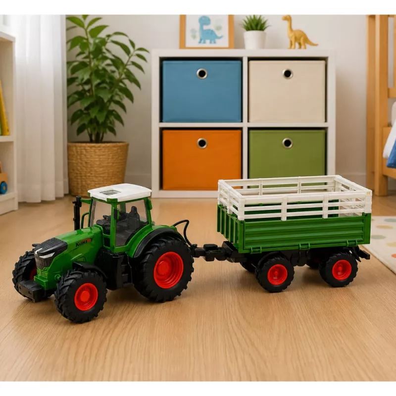 LEAN TOYS Nuotoliniu Valdymu Žemės ūkio Traktorius su Savivarčiu Priekaba ir Šviesomis 1:24