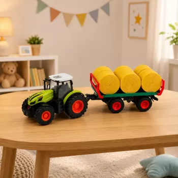 LEAN TOYS nuotolinio valdymo ūkio traktorius su šieno rulių priekaba ir žibintais 1:24