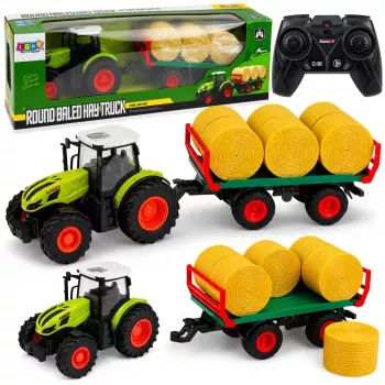 LEAN TOYS nuotolinio valdymo ūkio traktorius su šieno rulių priekaba ir žibintais 1:24
