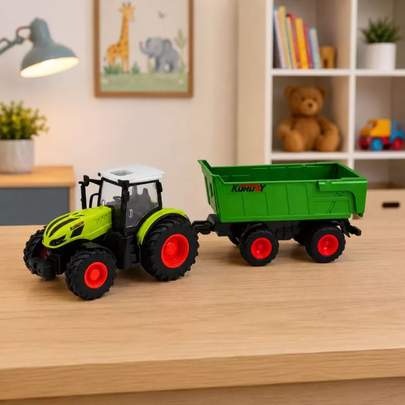LEAN TOYS nuotoliniu valdymu žemės ūkio traktorius su savivarčio priekaba ir šviesomis 1:24
