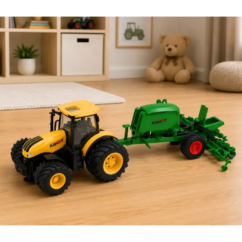 LEAN TOYS Žemės ūkio traktorius su sėjamąja ir kultivatoriumi, šviesos ir garsai, geltonas, 1:24