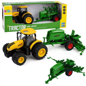 LEAN TOYS Žemės ūkio traktorius su sėjamąja ir kultivatoriumi, šviesos ir garsai, geltonas, 1:24
