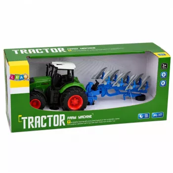 LEAN TOYS Žemės ūkio traktorius su dviejų vagų plūgu, guminiais ratais, žalias, 1:24