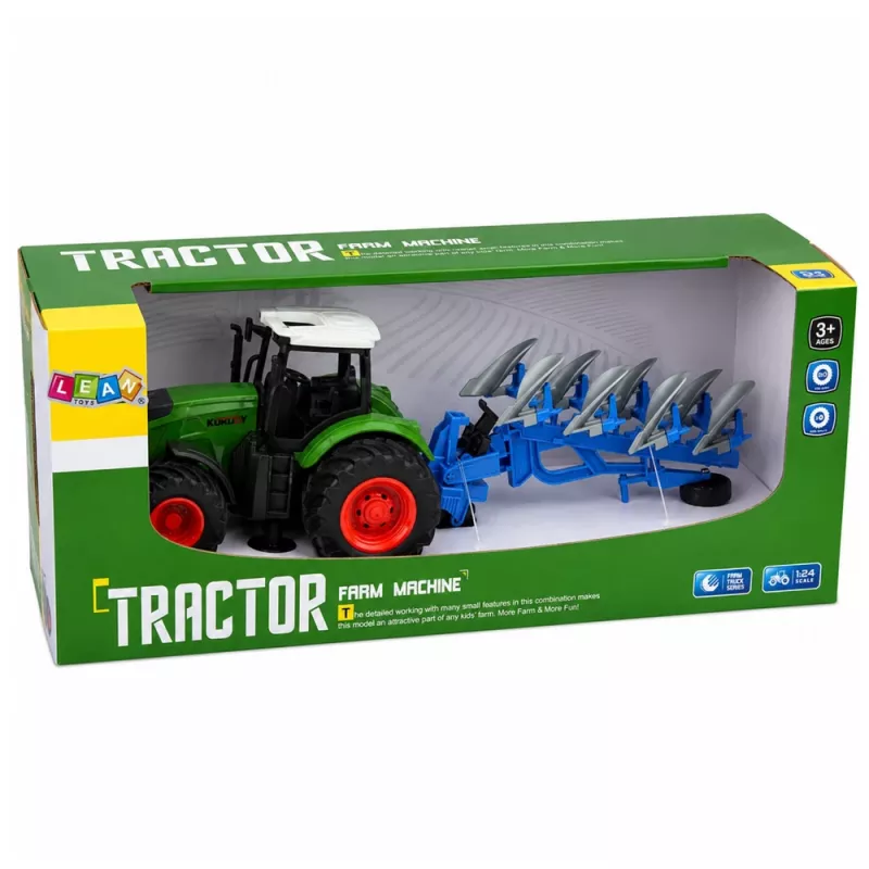 LEAN TOYS Žemės ūkio traktorius su dviejų vagų plūgu, guminiais ratais, žalias, 1:24