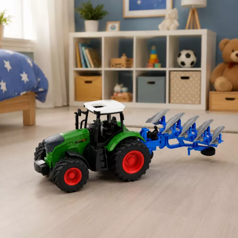 LEAN TOYS Žemės ūkio traktorius su dviejų vagų plūgu, guminiais ratais, žalias, 1:24