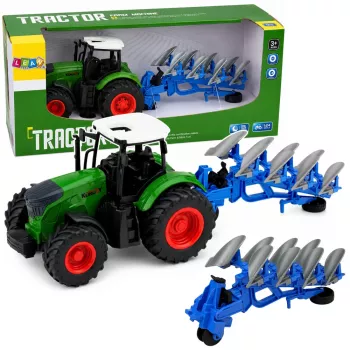 LEAN TOYS Žemės ūkio traktorius su dviejų vagų plūgu, guminiais ratais, žalias, 1:24