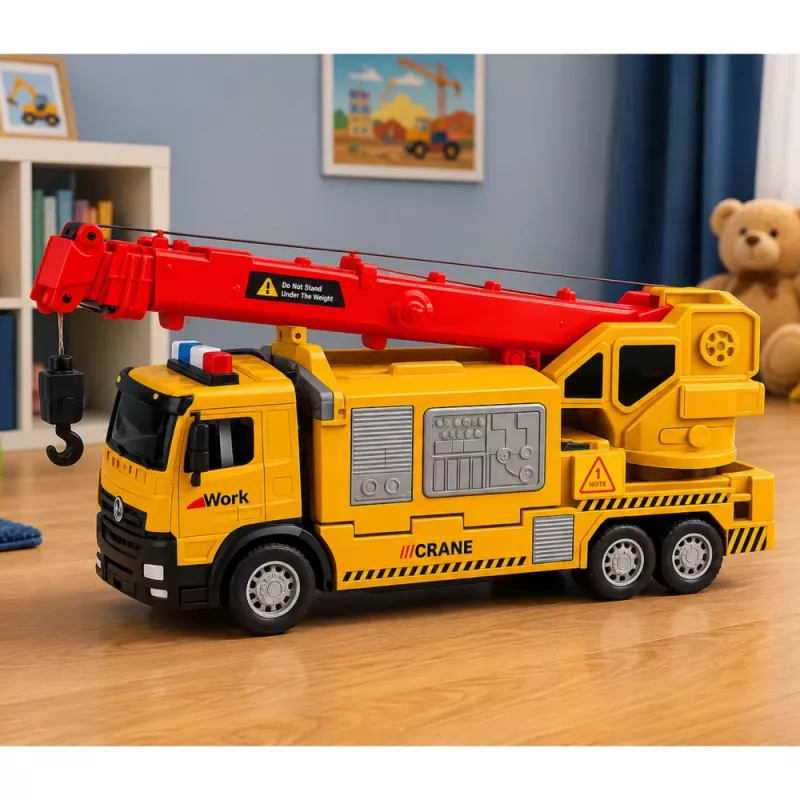 LEAN TOYS Sunkvežimis su kranu ir transporto priemonių vežėju, šviesos ir garsai, geltonas