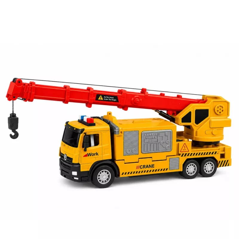 LEAN TOYS Sunkvežimis su kranu ir transporto priemonių vežėju, šviesos ir garsai, geltonas