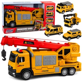 LEAN TOYS Sunkvežimis su kranu ir transporto priemonių vežėju, šviesos ir garsai, geltonas