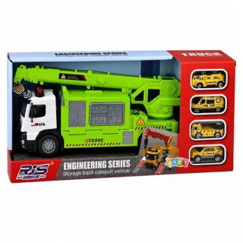LEAN TOYS Sunkvežimis su kranu ir transporto priemonių vežėju, šviesos, garsai, žalias