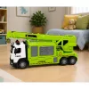 LEAN TOYS Sunkvežimis su kranu ir transporto priemonių vežėju, šviesos, garsai, žalias