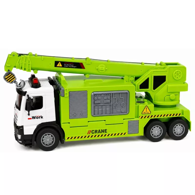 LEAN TOYS Sunkvežimis su kranu ir transporto priemonių vežėju, šviesos, garsai, žalias