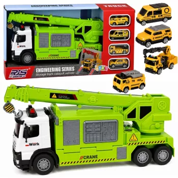 LEAN TOYS Sunkvežimis su kranu ir transporto priemonių vežėju, šviesos, garsai, žalias