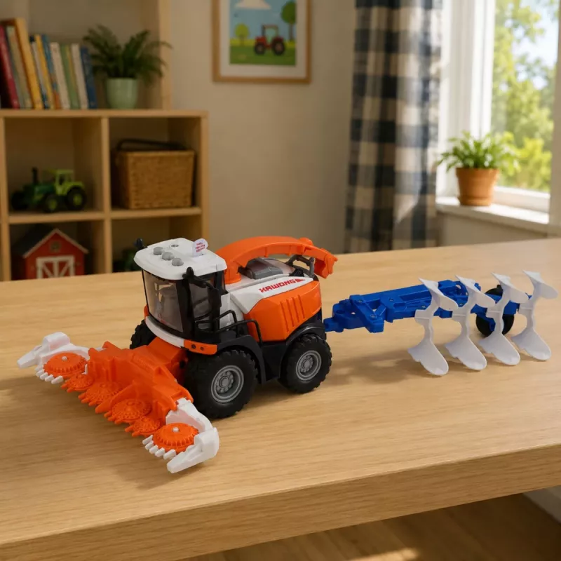 LEAN TOYS Žemės ūkio kombainas su pjaunamąja dalimi ir plūgu, ūkininkų figūrėlėmis, arkliu, šviesomis, garsais, 4 vnt.