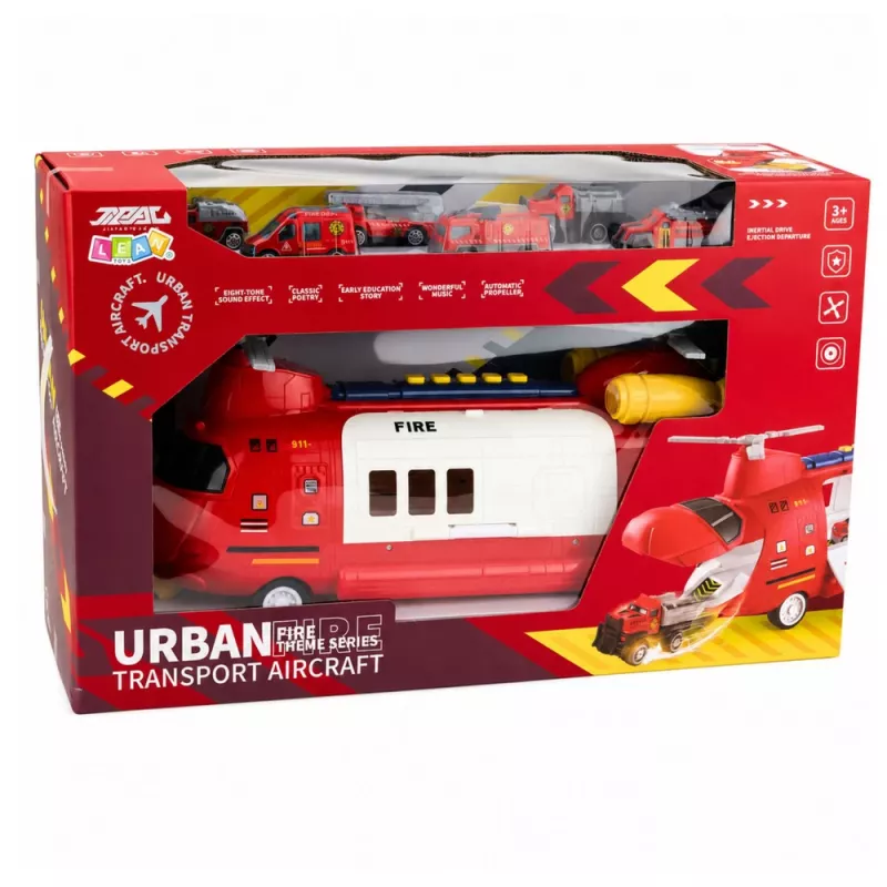 LEAN TOYS Didelis sulankstomas gaisrinis transporto lėktuvas su automobiliais, šviesomis ir garsais