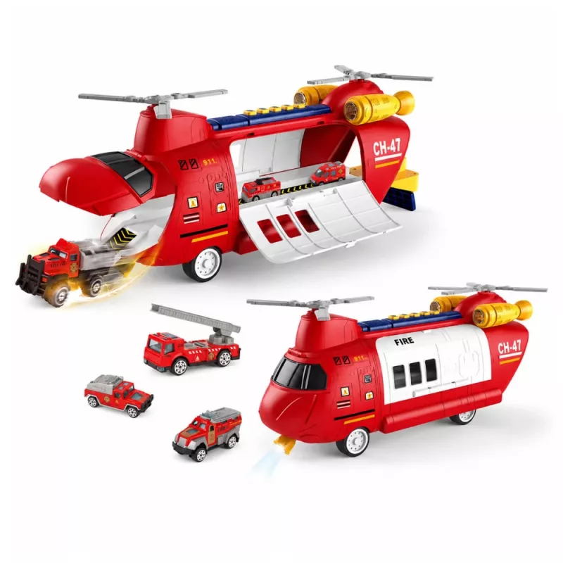 LEAN TOYS Didelis sulankstomas gaisrinis transporto lėktuvas su automobiliais, šviesomis ir garsais
