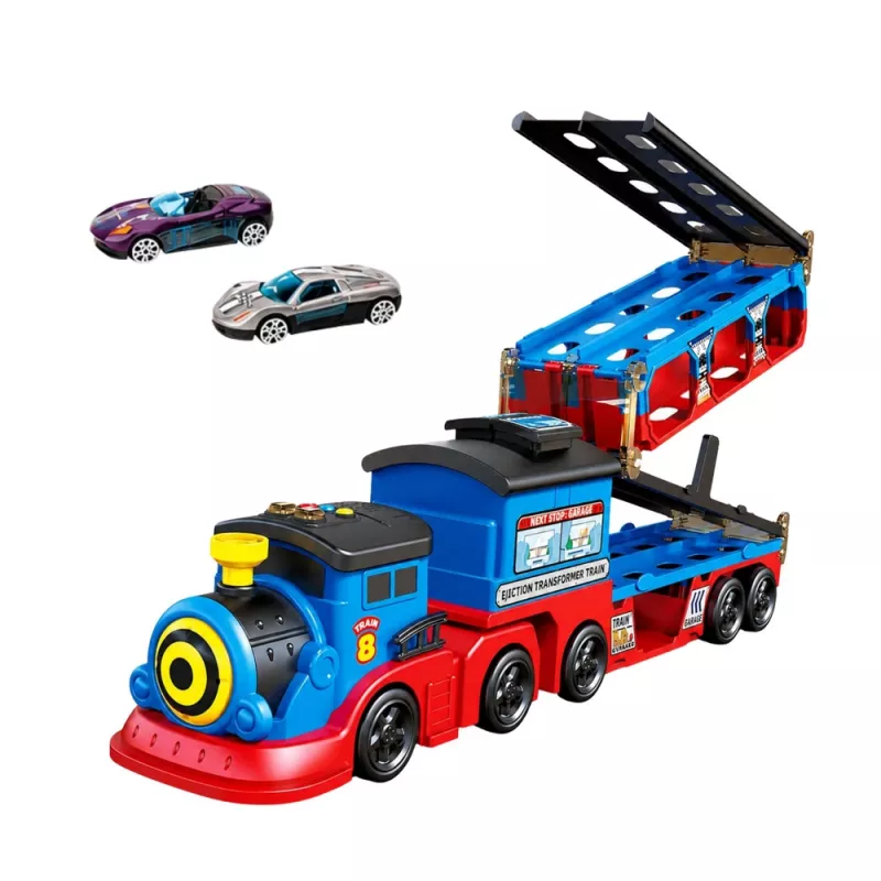 LEAN TOYS Locomotive Transporter with Cars Track Launcher Ramp Lights Sounds