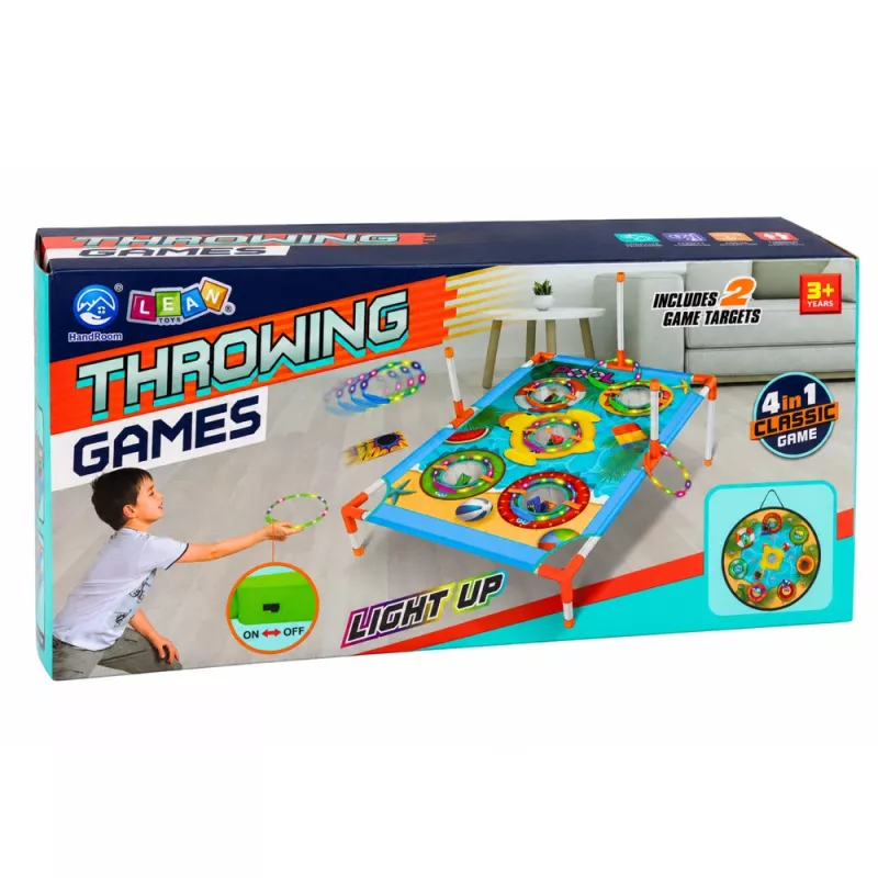 LEAN TOYS 4-in-1 Target Throwing Skill Game su lenta, maišeliais, lankais, skraidančia lėkšte