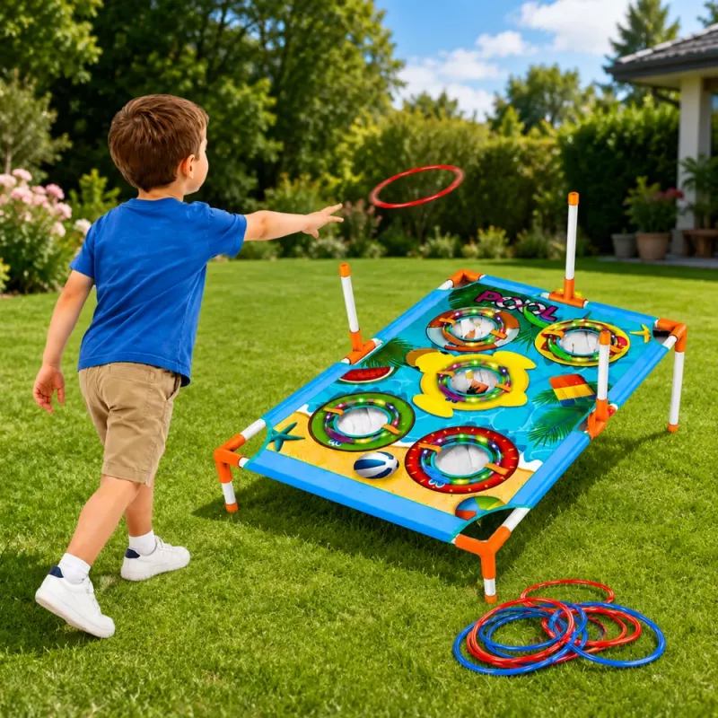 LEAN TOYS 4-in-1 Target Throwing Skill Game su lenta, maišeliais, lankais, skraidančia lėkšte
