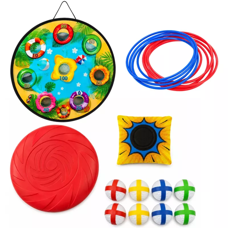 LEAN TOYS 4-in-1 Target Throwing Skill Game su lenta, maišeliais, lankais, skraidančia lėkšte
