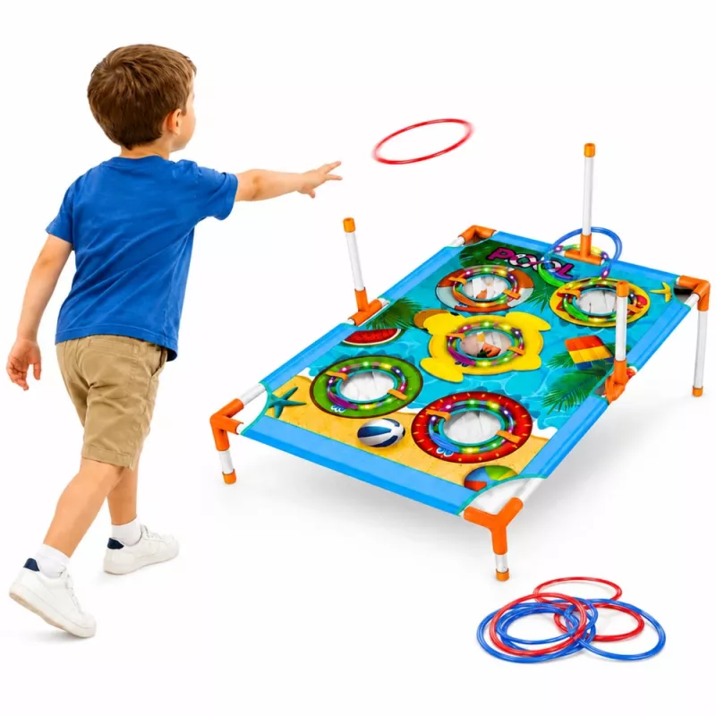 LEAN TOYS 4-in-1 Target Throwing Skill Game su lenta, maišeliais, lankais, skraidančia lėkšte