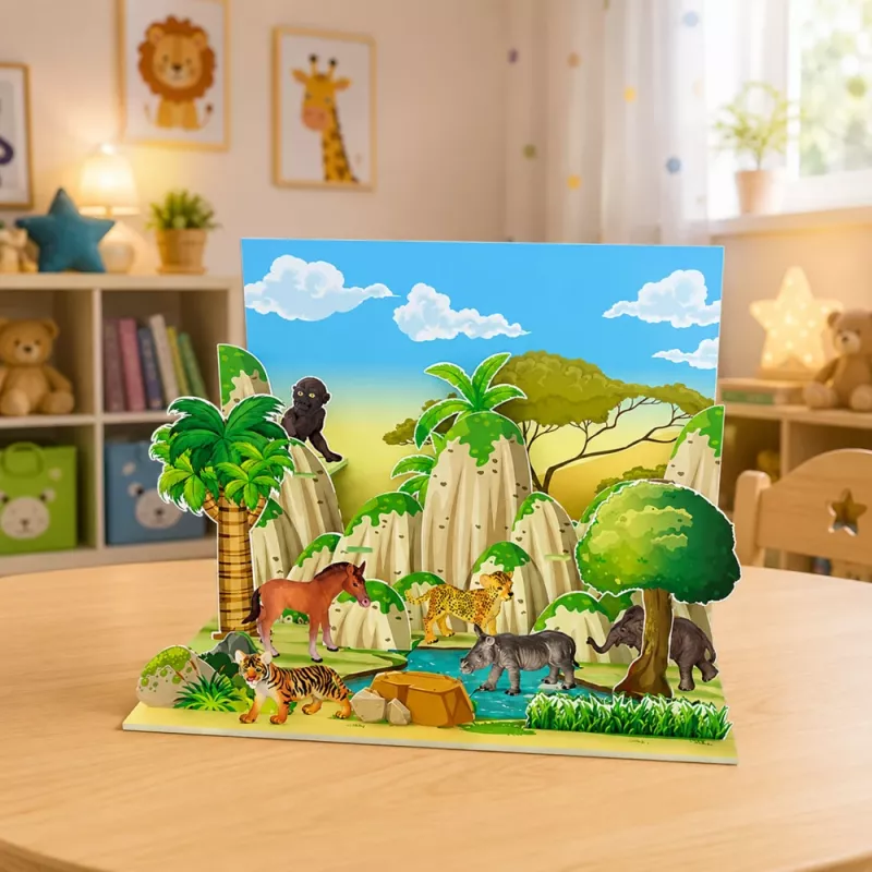 LEAN TOYS Laukiniai gyvūnai figūrėlių rinkinys Leopardas Tigras Dramblys Arklys Parkas 3D lenta