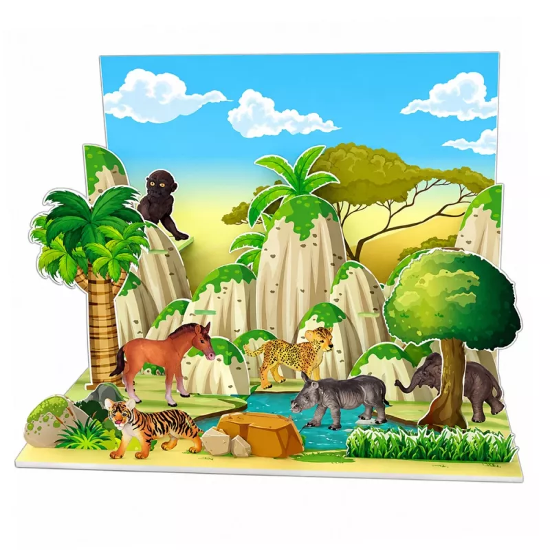LEAN TOYS Laukiniai gyvūnai figūrėlių rinkinys Leopardas Tigras Dramblys Arklys Parkas 3D lenta