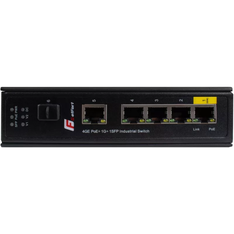GETFORT GF-110-4PG-1G-1S Pramoninis PoE+ jungiklis, 4x PoE+ 10/100/1000Base-T + 1x 10/100/1000Base-T + 1x 1000Base-X SFP, -40°C iki 80°C, DIN bėgelis, 65W PoE biudžetas