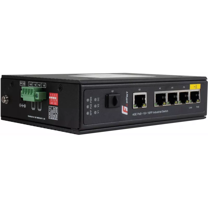 GETFORT GF-110-4PG-1G-1S Pramoninis PoE+ jungiklis, 4x PoE+ 10/100/1000Base-T + 1x 10/100/1000Base-T + 1x 1000Base-X SFP, -40°C iki 80°C, DIN bėgelis, 65W PoE biudžetas