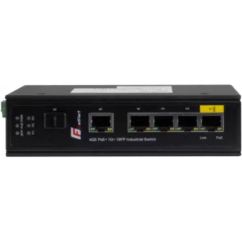 GETFORT GF-110-4PG-1G-1S Pramoninis PoE+ jungiklis, 4x PoE+ 10/100/1000Base-T + 1x 10/100/1000Base-T + 1x 1000Base-X SFP, -40°C iki 80°C, DIN bėgelis, 65W PoE biudžetas