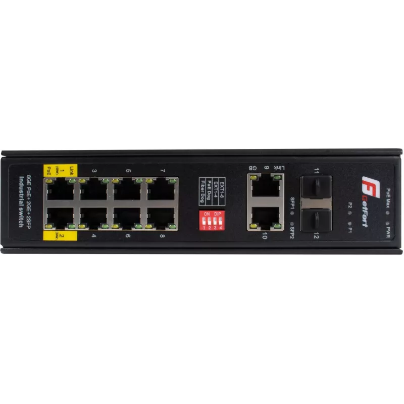 GETFORT GF-110-8PG-2G-2S pramoninis PoE+ jungiklis, 8x PoE+ Gigabit + 2x Gigabit + 2x SFP, -40°C iki 80°C
