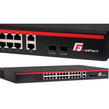 GETFORT GF-226G-24P-250 Nevaldomas PoE+ jungiklis, 24x 10/100Mbps PoE+ prievadai, 2x Gigabit RJ45, 2x SFP, 250W, montuojamas į stelažą