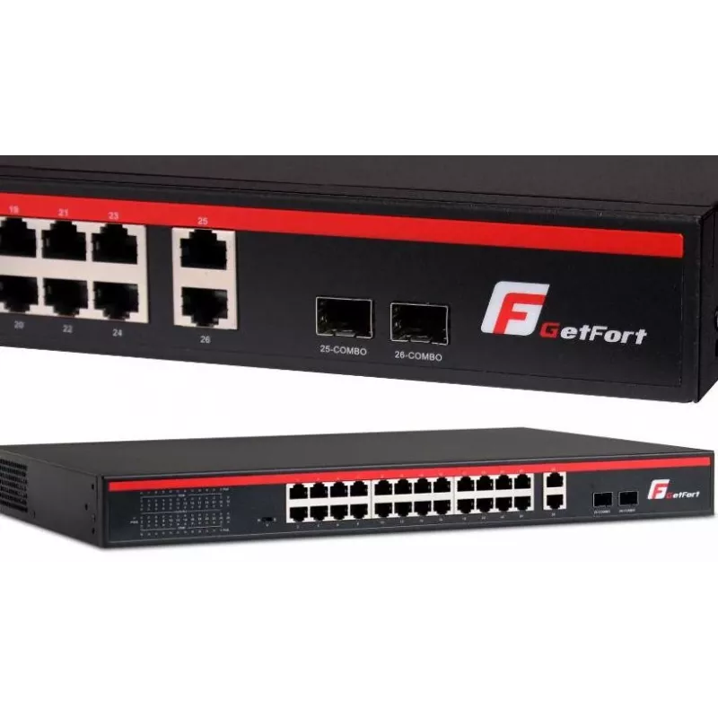 GETFORT GF-226G-24P-250 Nevaldomas PoE+ jungiklis, 24x 10/100Mbps PoE+ prievadai, 2x Gigabit RJ45, 2x SFP, 250W, montuojamas į stelažą