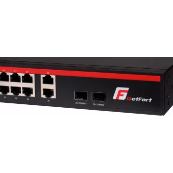 GETFORT GF-226G-24P-250 Nevaldomas PoE+ jungiklis, 24x 10/100Mbps PoE+ prievadai, 2x Gigabit RJ45, 2x SFP, 250W, montuojamas į stelažą