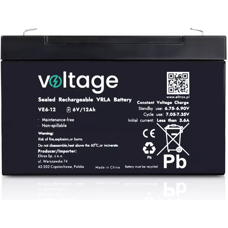 VOLTAGE AGM baterija 6V 12Ah VE6-12 (6-9 metų tarnavimo laikas)